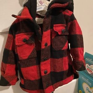 Urban republic red and black plaid wool hooded jacket. 12 months baby